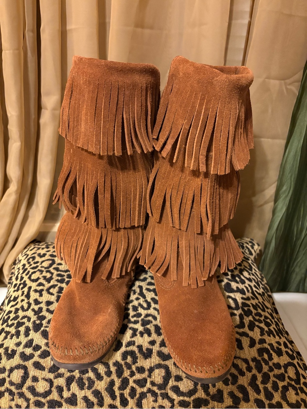 Minnetonka Triple Fringe Suede Over-the-Knee Boots in Chestnut